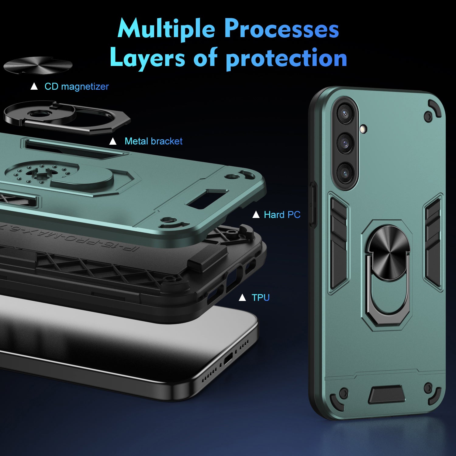 Phone Case for Samsung Galaxy S23 FE Cover Shockproof PC+TPU Rotating Ring Kickstand Shell - Green Phone Case for Samsung Galaxy S23 FE Cover Shockproof PC+TPU Rotating Ring Kickstand Shell - Green